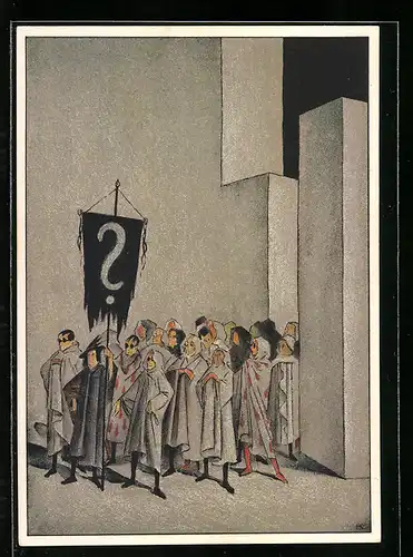 Künstler-AK Basel, XXV. Eidgen. Sängerfest 1935, Mutterland, Umzug mit Fragezeichen