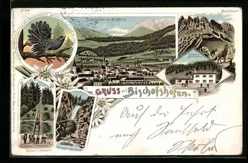 Lithographie Bischofshofen, Ortsansicht mit Gasthaus Mitterberg