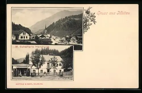 AK Hüttau, Ortsansicht mit Kirche, M. Schäffer`s Handlung