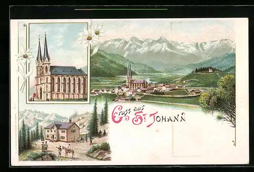 Lithographie St. Johann, Gesamtansicht, Kirche, Gasthaus