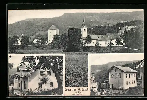 AK St. Jakob a. Th., Jubiläums-Volksschule, Teilansicht mit Kirche
