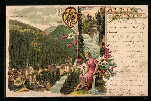 Lithographie Badgastein, Obere Gasteiner-Wasserfall, Ortsansicht mit Feuersang und Graukogl