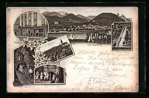 Lithographie Hallein a.d. Salzach, Geschäftshaus J. Schmerold, Dürrnberg, Gesamtansicht, Gollinger Wasserfall