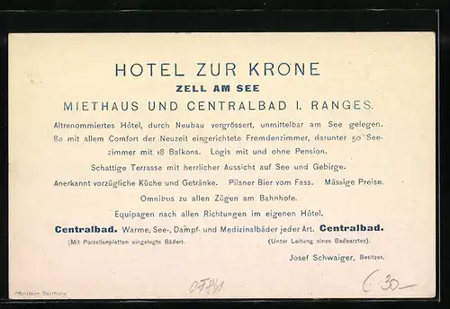 Lithographie Zell am See, Hôtel Krone