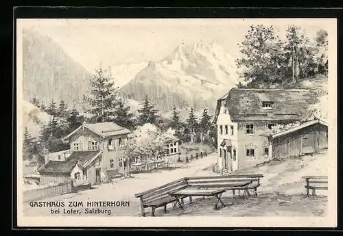Künstler-AK Lofer, Gasthaus zum Hinterhorn mit Blick auf das Gebirge