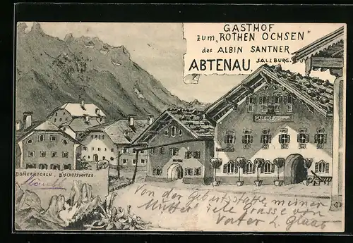 Lithographie Abtenau, Gasthof zum Rothen Ochsen