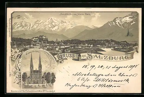 Lithographie Salzburg, Wallfahrtskirche Maria Plain, Ortsansicht von Maria Plain aus gesehen