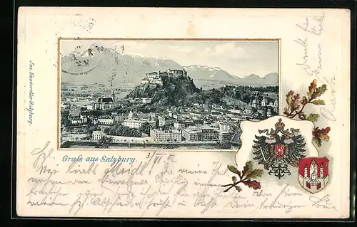 Passepartout-AK Salzburg, Stadtansicht und Stadtwappen