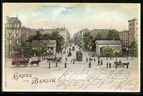 Lithographie Berlin, Strassenbahnverkehr am Potsdamerplatz Ecke Leipzigerstrasse, Beleuchtung, Halt gegen das Licht