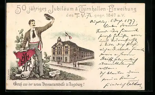 Lithographie Ganzsache Bayern PP7C3: Augsburg, 50.jähriges Jubliäum & Turnhallen-Einweihung des TVA 1847 a.V.