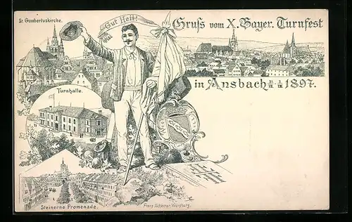 Lithographie Ganzsache Bayern PP7C2: Ansbach, X. Bayer. Turnfest 1897, Teilnehmer winkt, Turnhalle u. Promenade