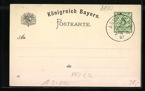 Lithographie Ganzsache Bayern PP7C2: Ansbach, X. Bayer. Turnfest 1897, Teilnehmer winkt, Turnhalle u. Promenade