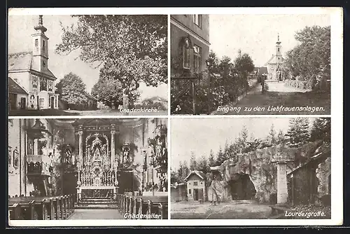 AK Maria-Ellend, Eingang zu den Liebfrauenanlagen, Gnadenkirche, Gnadenaltar, Lourdesgrotte