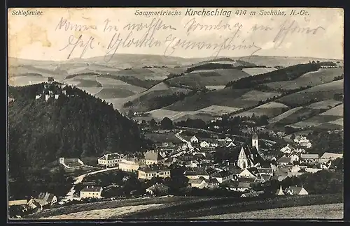 AK Kirchschlag, Ort und Schlossruine aus der Vogelschau