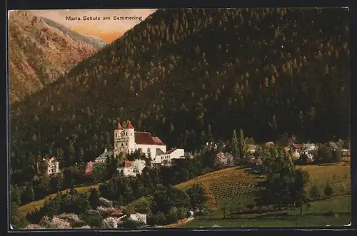 AK Maria Schutz am Semmering, Totalansicht mit Wallfahrtskirche