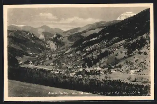 AK Weissenbach, Ortsansicht mit Aue, Ruine Klamm gegen die Rax