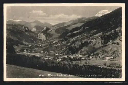 AK Weissenbach, Ortsansicht mit Aue, Ruine Klamm gegen die Rax