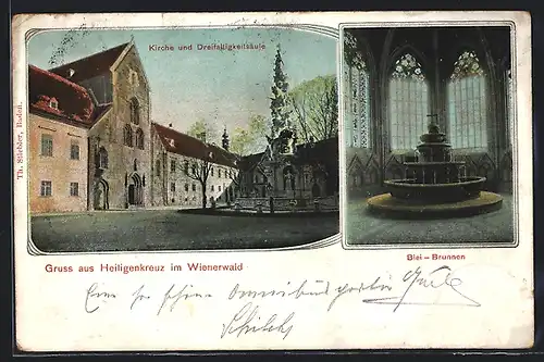 AK Heiligenkreuz im Wienerwald, Kirche und Dreifaltigkeitsäule, Blei-Brunnen
