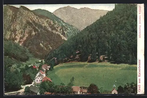 AK Kaiserbrunn, Ortsansicht mit Bergpanorama