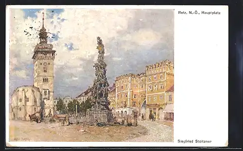 Künstler-AK Retz, Hauptplatz mit Denkmal