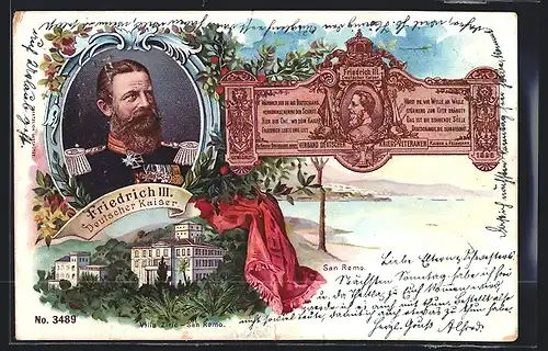 Lithographie San Remo, Friedrich Wilhelm III. von Preussen, Portrait, Villa Ziria, Gedenktafel