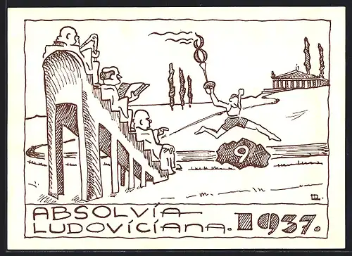Künstler-AK Absolvia Ludoviciana 1937, Fackelläufer überspringt eine Hürde