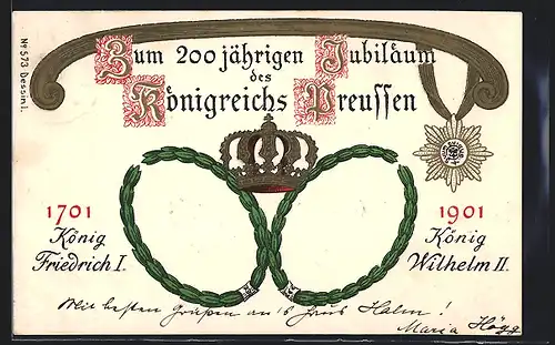 AK 200 jähriges Jubiläum des Königreichs Preussen, König Friedrich I. von Preussen & 1901 König Wilhelm II. von Preussen