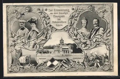 AK Potsdam, Marmor-Palais, Kronprinz Wilhelm mit Cecilie und Kaiser Wilhelm II. mit Auguste Victoria