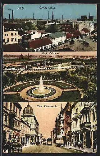 AK Litzmannstadt-Lodz, Ogólny Widok, Park Helenów, Ulica Piotrkowska