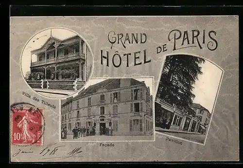 AK Neris-les-Bains, Grand Hotel de Paris, Pavillon, Facade, Villa des Tilleuls