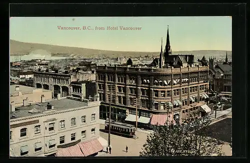 AK Vancouver, B.C., Hotel Vancouver und Strassenbahn