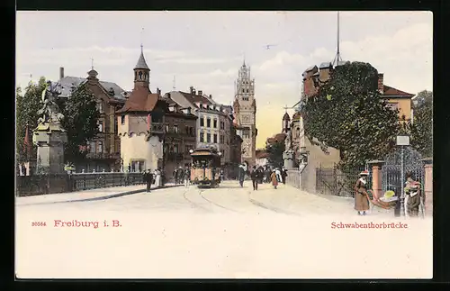 AK Freiburg i. B., Strassenbahn an der Schwabenthorbrücke