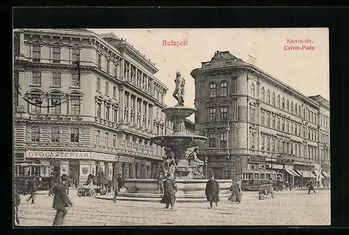 AK Budapest, Strassenbahn auf dem Calvin Platz