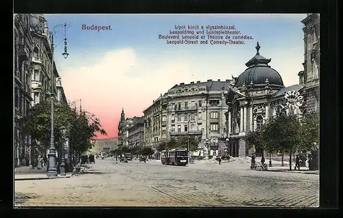 AK Budapest, Leopoldring und Lustspieltheater, Strassenbahn unterwegs