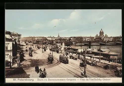 AK St. Pétersbourg, Vue de Vasiliefsky Ostrov, Strassenbahnen