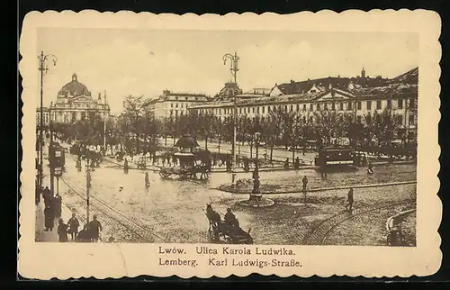 AK Lemberg-Lwow, Ulica Karola Ludvika, Karl Ludwigs-Strasse, Strassenbahn, Pferdegespann