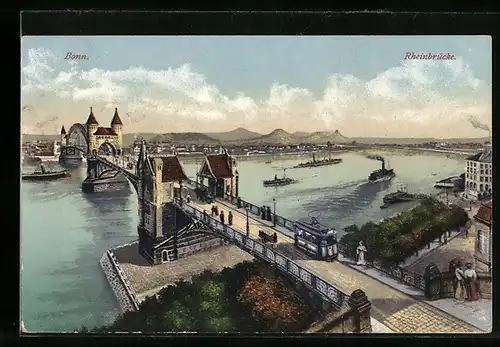 AK Bonn, Vogelperspektive, Blick auf die Rheinbrücke, Schiffe