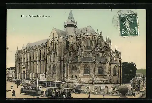 AK Eu, Eglise Saint-Laurent, Strassenbahn unterwegs