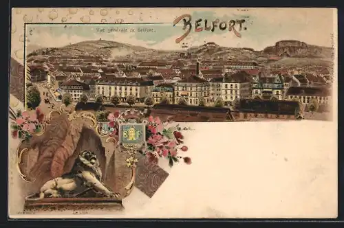 Lithographie Belfort, Vue générale de la Ville, Le Lion