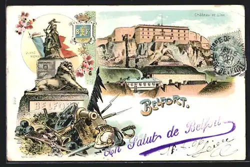 Lithographie Belfort, Chateau et Lion, Quand Meme !, Wappen