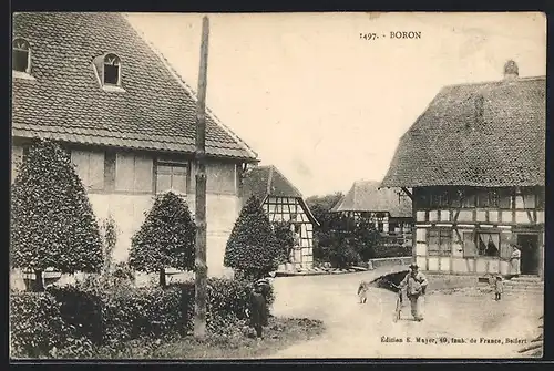 AK Boron, Ortspartie und Mann mit Fahrrad