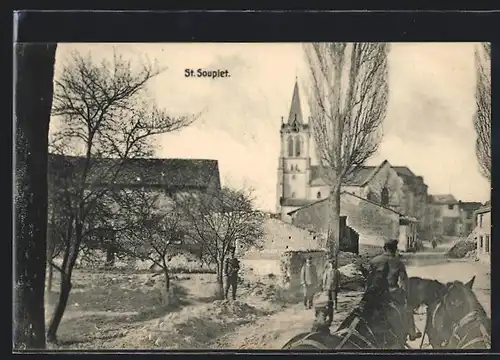 AK St. Souplet, Ortspartie mit Blick zur Kirche