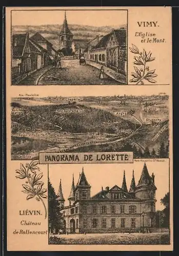 AK Lorette, Panorama, Vimy, l`Eglise et le Mont, Lievin, Chateau de Rollencourt