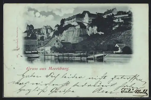 Mondschein-AK Meersburg, Blick zur Burg