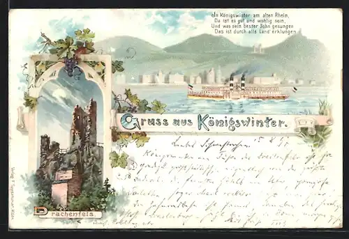 Lithographie Königswinter a. Rh., Drachenfels und Rheinpartie mit Dampfer