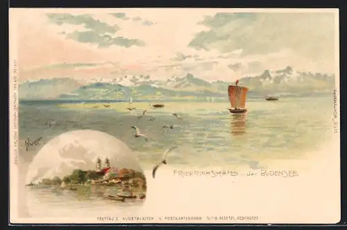 Lithographie Friedrichshafen, Ortsansicht, Bodensee mit Bergpanorama