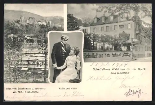 AK Alt-Heidelberg, Blick vom Hotel-Restaurant Scheffelhaus Waldhorn ob der Bruck, Student umarmt Frau