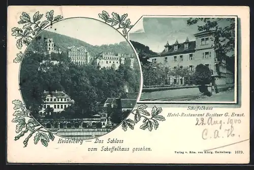 AK Heidelberg, Das Schloss vom Hotel-Restaurant Scheffelhaus gesehen