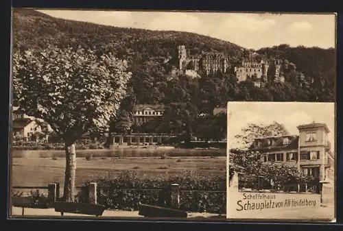 AK Heidelberg, Hotel-Restaurant Scheffelhaus-Waldhorn ob der Bruck, Blick auf das Schloss