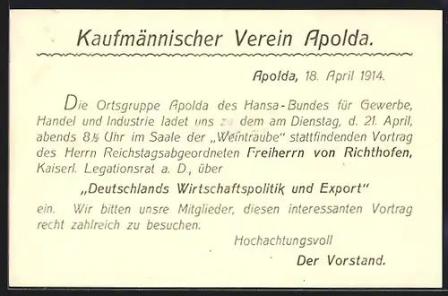 AK Apolda, Kaufmännischer Verein Apolda, Vortrag Deutschlands Wirtschaftspolitik und Exort des Freiherrn von Richthofen